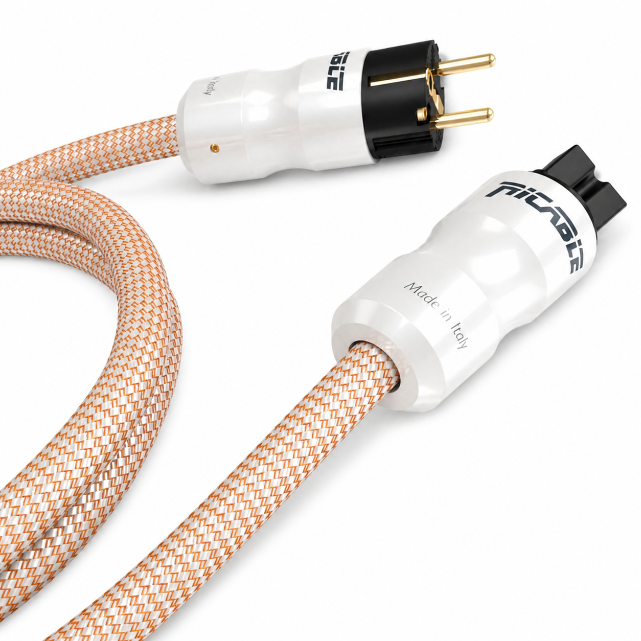 Ricable Dedalus Power Elite connector and cable detail on white